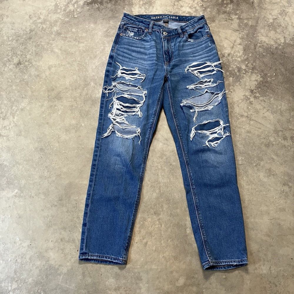 American Eagle Denim Womens 2R Blue‎ Mom Jeans Distressed Mid Rise